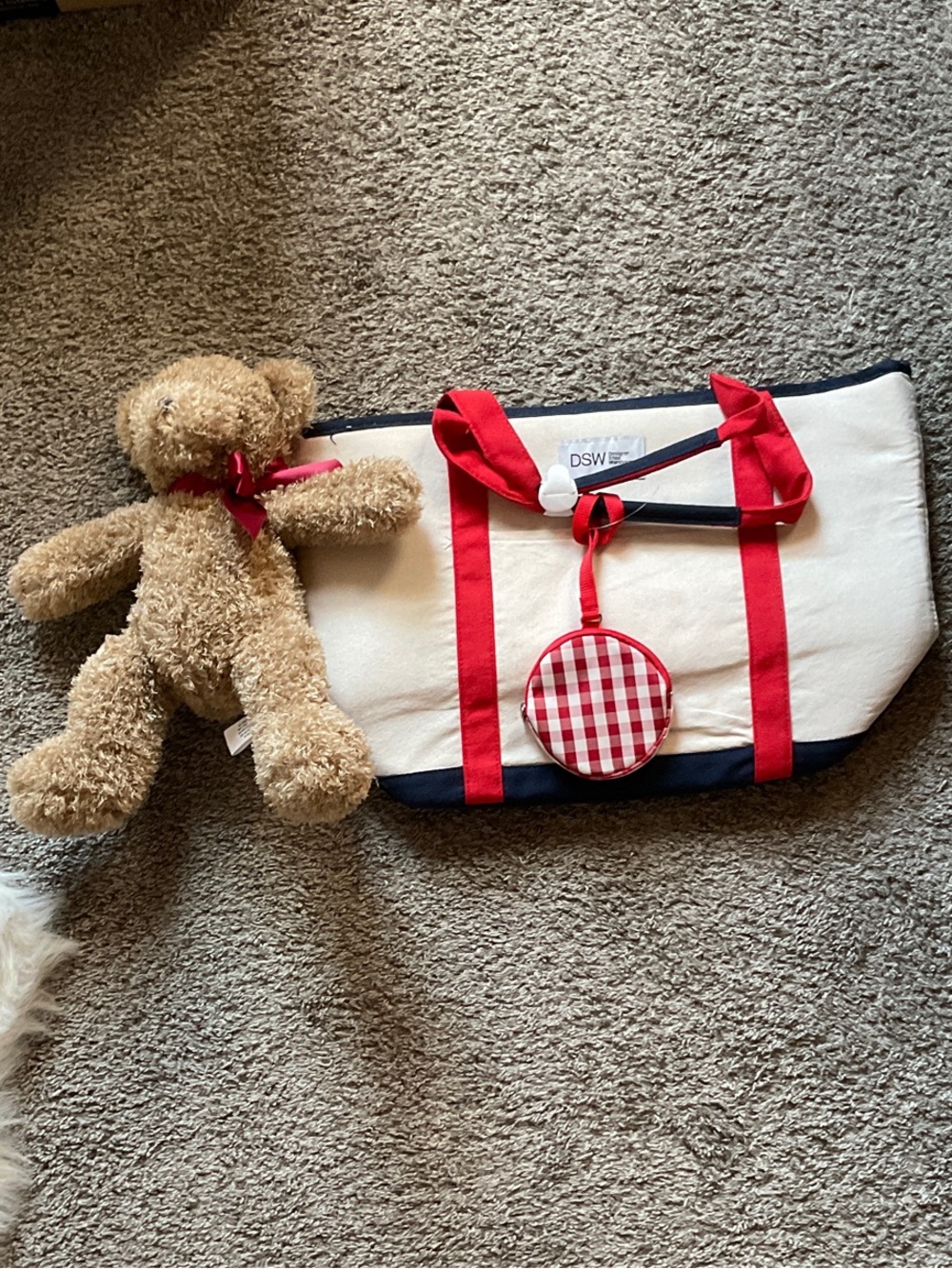 DSW Cream Canvas Tote with Red Straps and Navy Trim and Teddy Bear